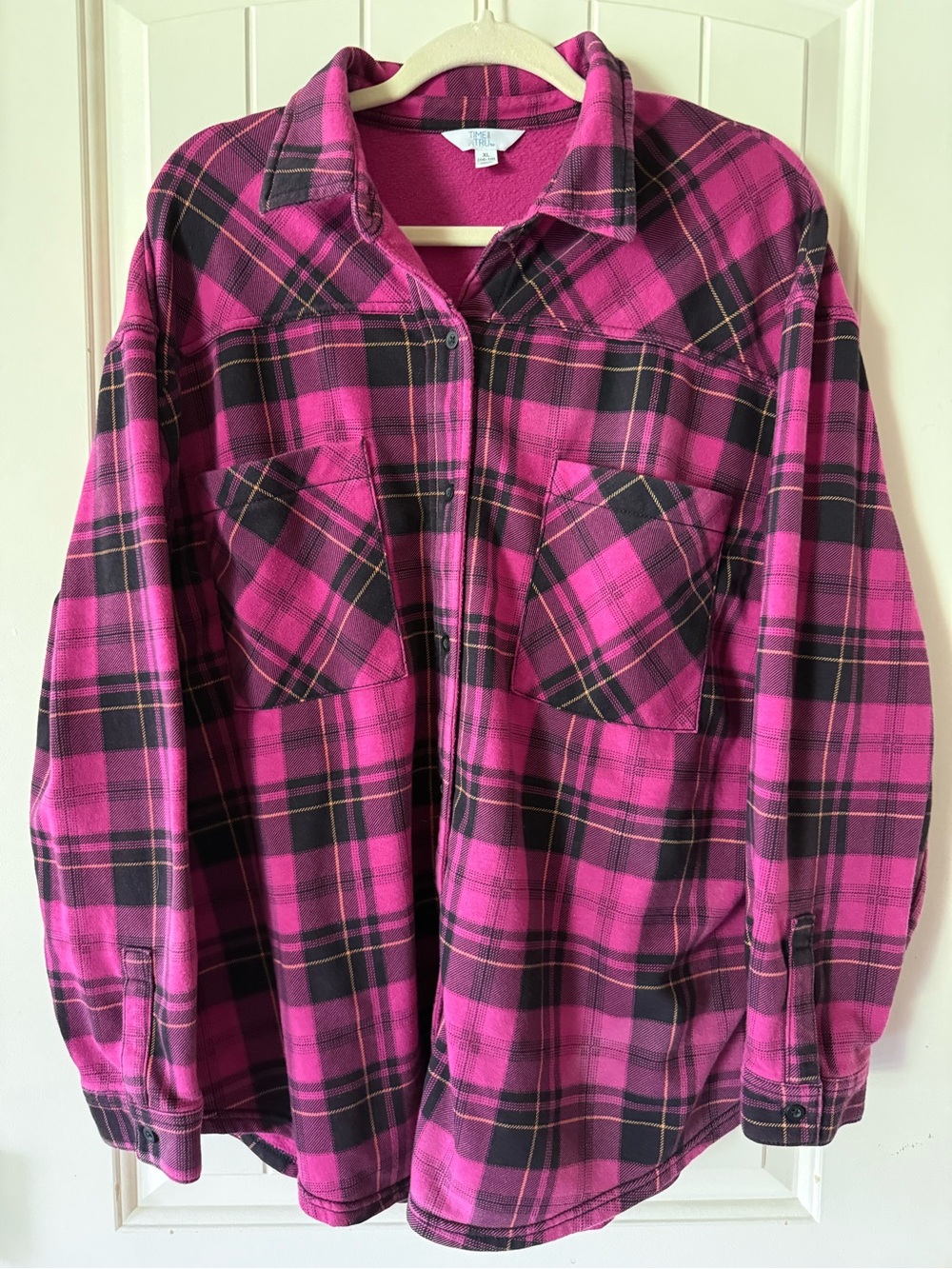 Time and Tru Hot Pink and Black Plaid Button-Front Shirt Jacket